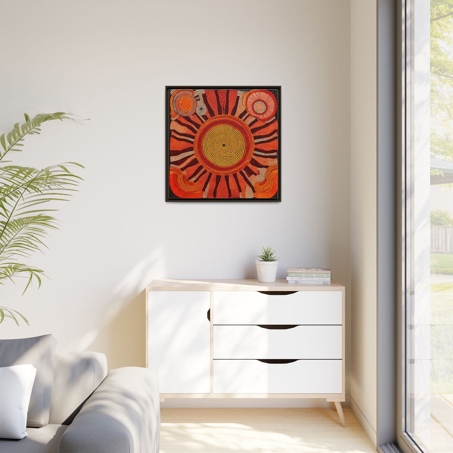 Aboriginal Dot Painting Sun Motif in Earthy Tones