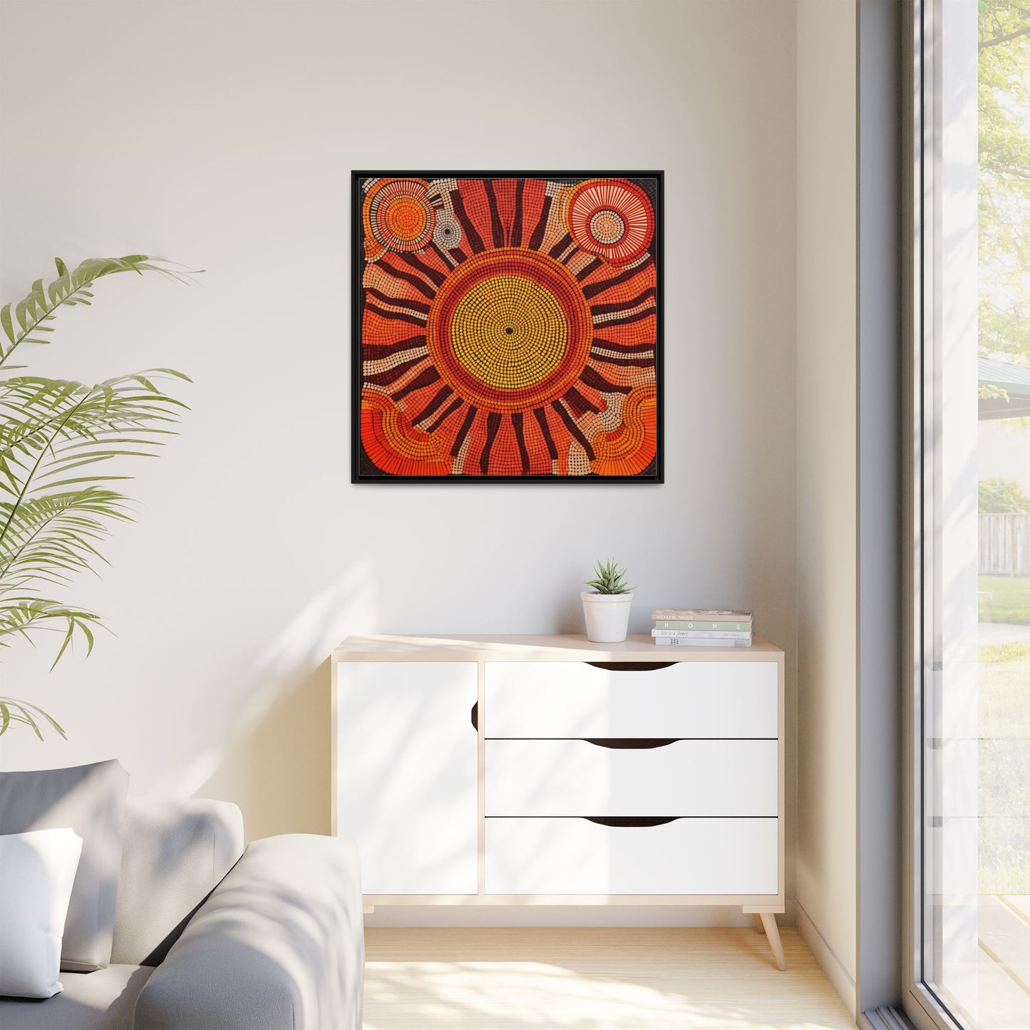 Aboriginal Dot Painting Sun Motif in Earthy Tones