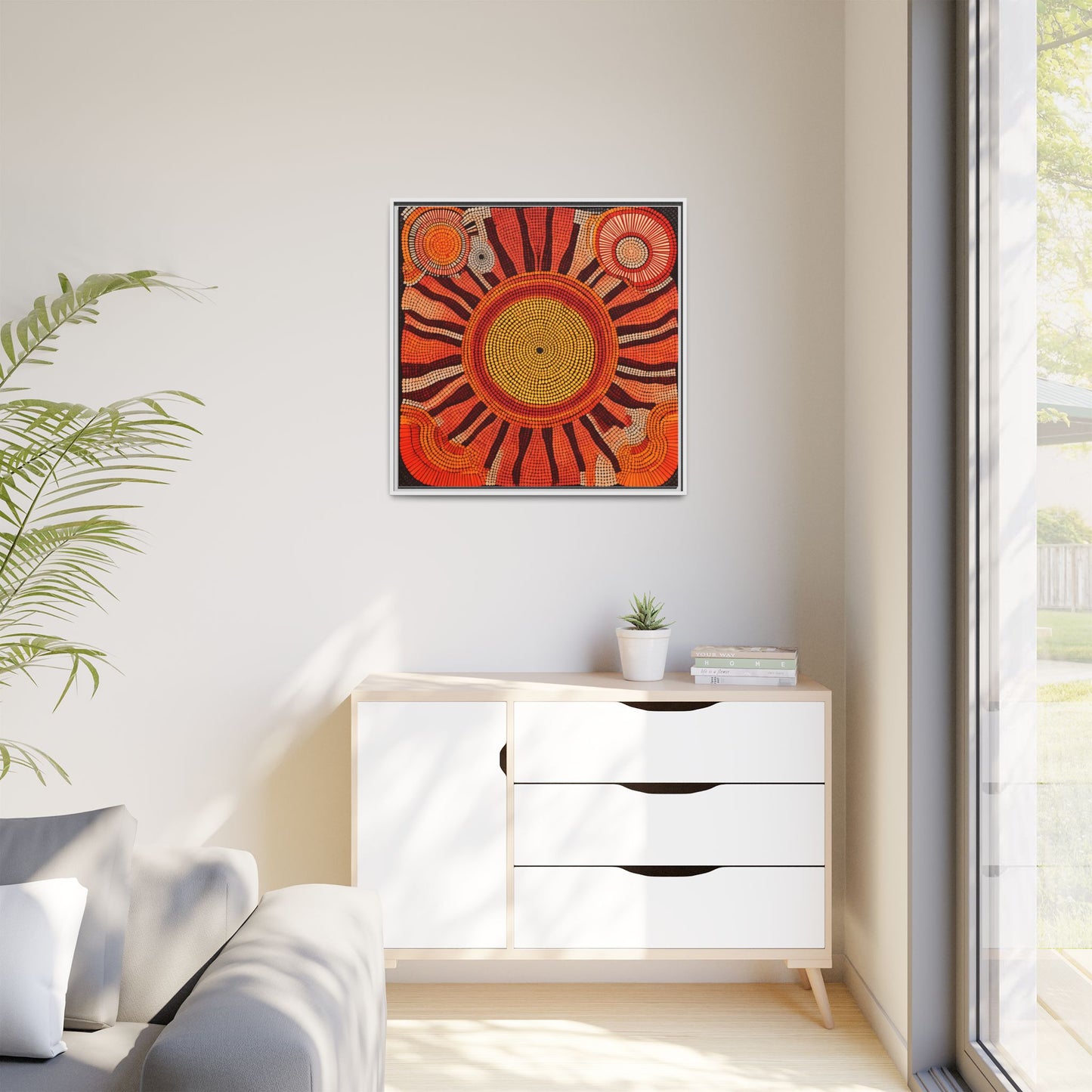 Aboriginal Dot Painting Sun Motif in Earthy Tones