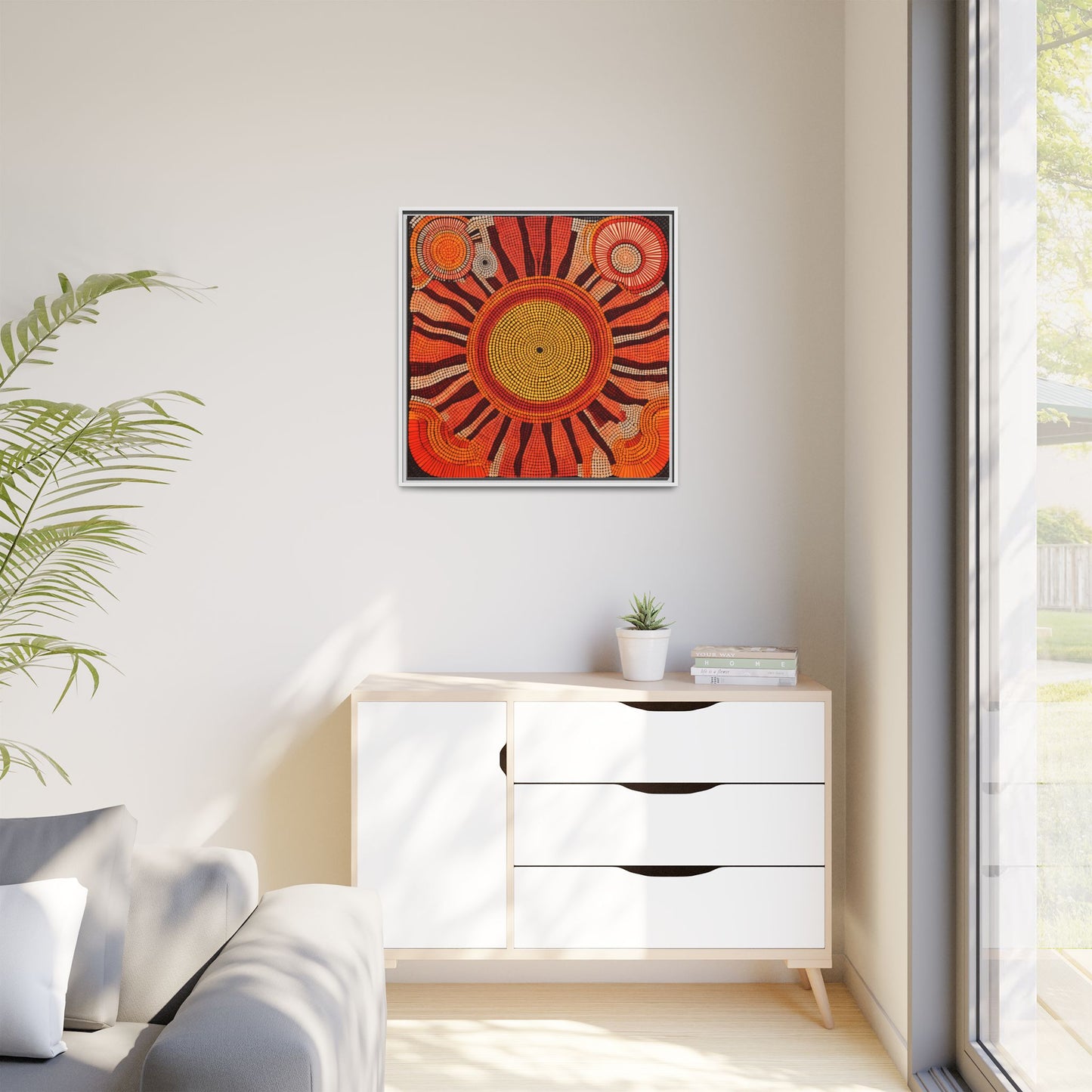 Aboriginal Dot Painting Sun Motif in Earthy Tones