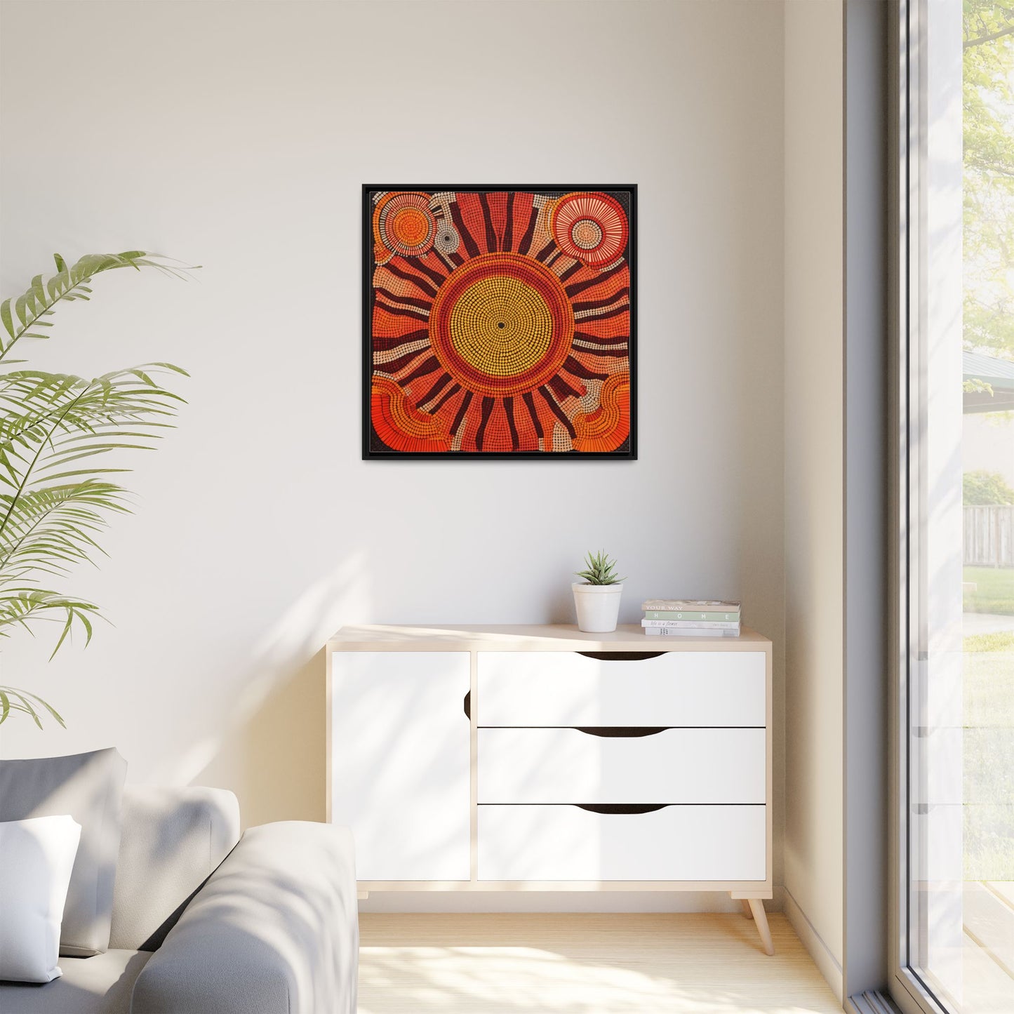 Aboriginal Dot Painting Sun Motif in Earthy Tones