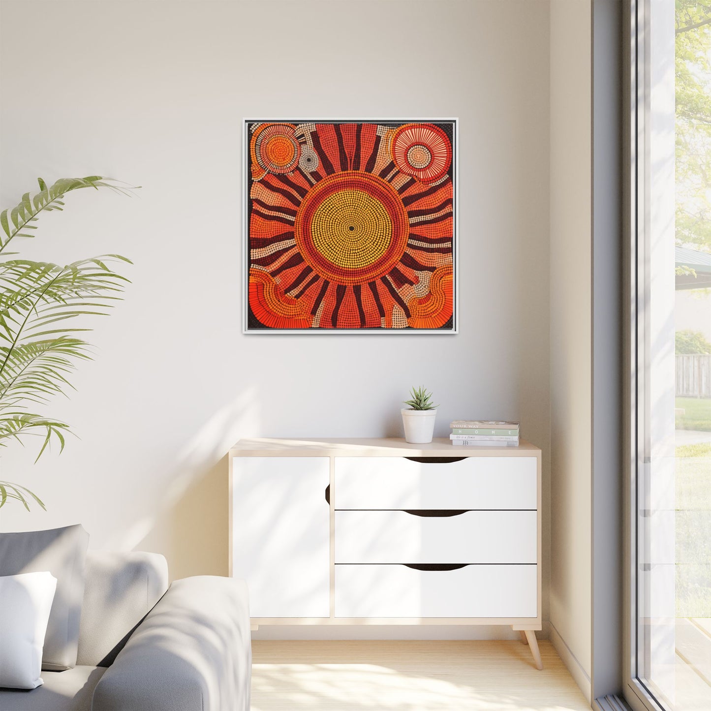 Aboriginal Dot Painting Sun Motif in Earthy Tones